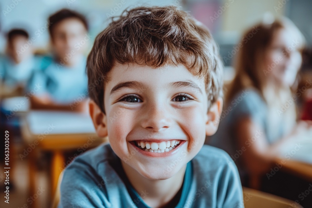 A young boy smiling brightly, showing his happiness at school. A young boy smiling brightly, showing his happiness at school.