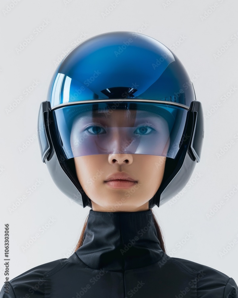 A minimalist portrait displaying a woman in a sleek blue helmet, characterized by a futuristic vibe, wearing a black ensemble on a neutral backdrop. A minimalist portrait displaying a woman in a sleek blue helmet, characterized by a futuristic vibe, wearing a black ensemble on a neutral backdrop.