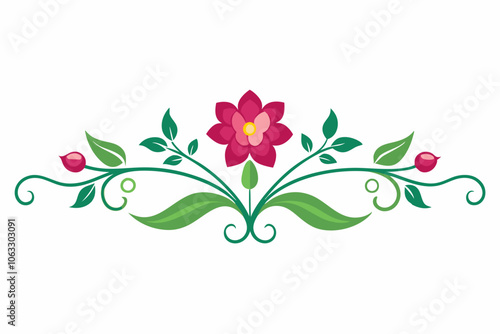 Elegant Floral Divider with Pink Flower and Green Leaves for Decorative Designs. Abstract Background.