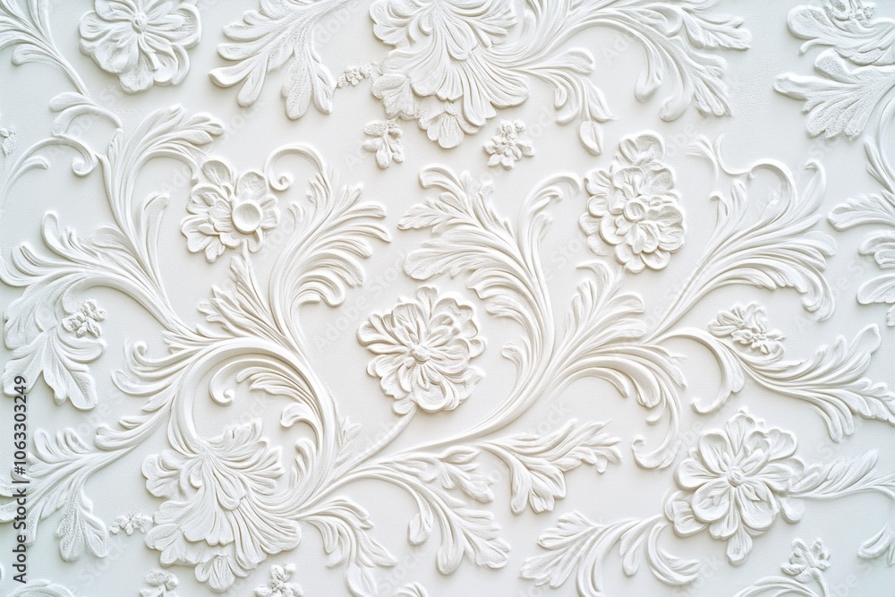 Fototapeta premium The image displays a close-up view of a wallpaper with intricate floral patterns and ornate designs. The texture is thick and the design adds an elegant touch to any room.