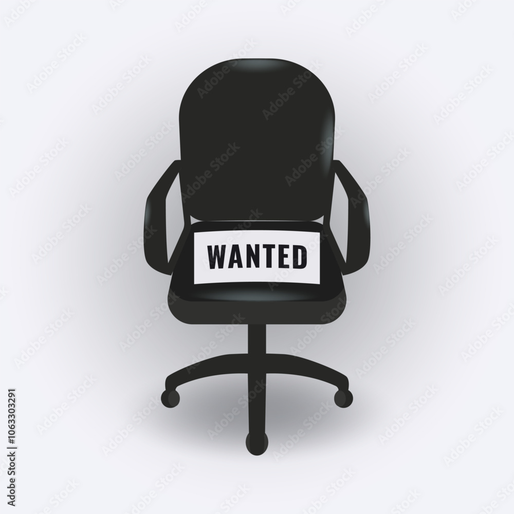 Black empty office chair with wanted information. Business hiring and recruitment concept vector illustration Black empty office chair with wanted information. Business hiring and recruitment concept vector illustration