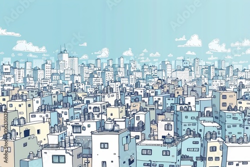 A bustling cityscape showing the contrast between overcrowded areas and open spaces ,vectorline design , illustration photo