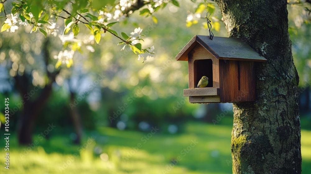 A wooden birdhouse attached to a tree branch, set against the backdrop of spring blooms. A wooden birdhouse attached to a tree branch, set against the backdrop of spring blooms.