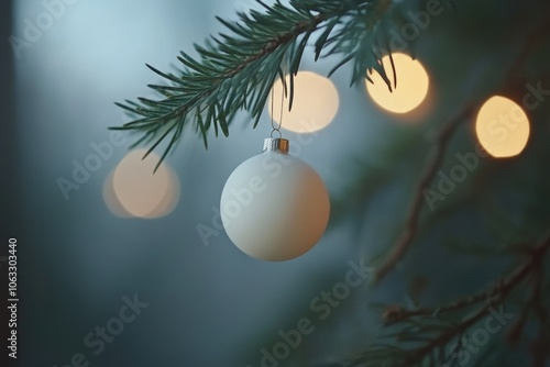 A decorative white ornament hangs from a festive Christmas tree