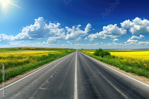 A long country highway stretching into the distance under a clear blue sky with fluffy clouds. The side of the road is lined with yellow wildflowers.
