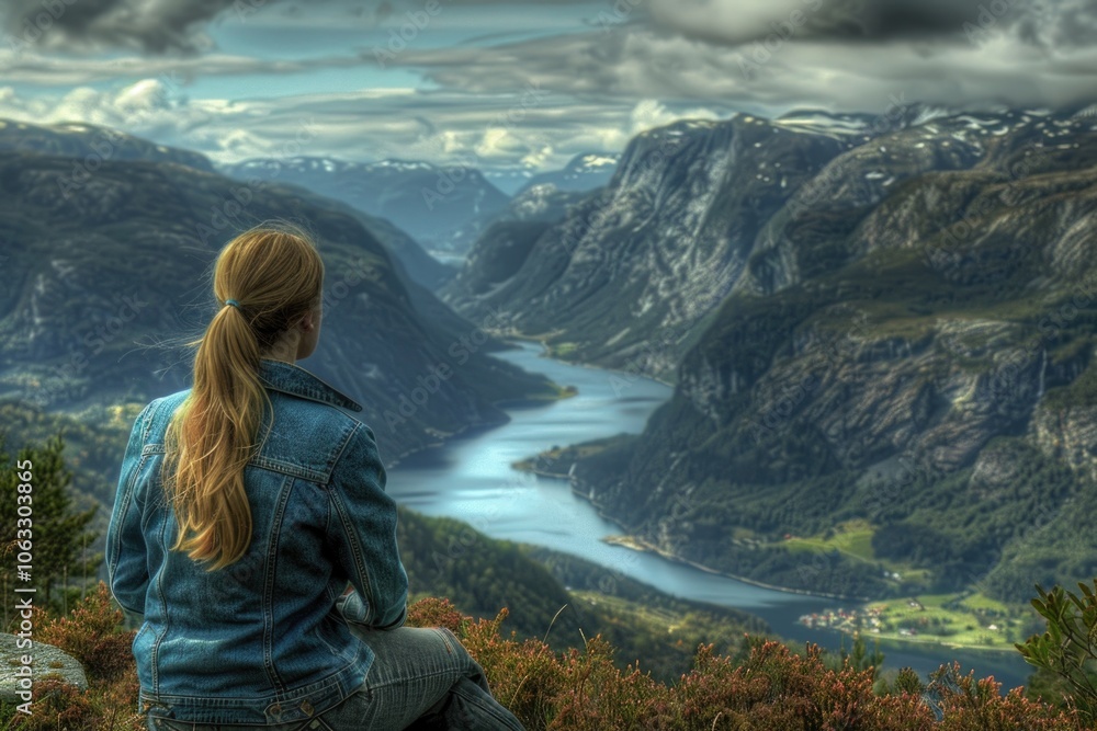 Naklejka premium Woman sits atop mountain, looking out at valley below