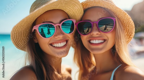 Two women wearing sunglasses and hats are smiling for the camera. Scene is cheerful and lighthearted