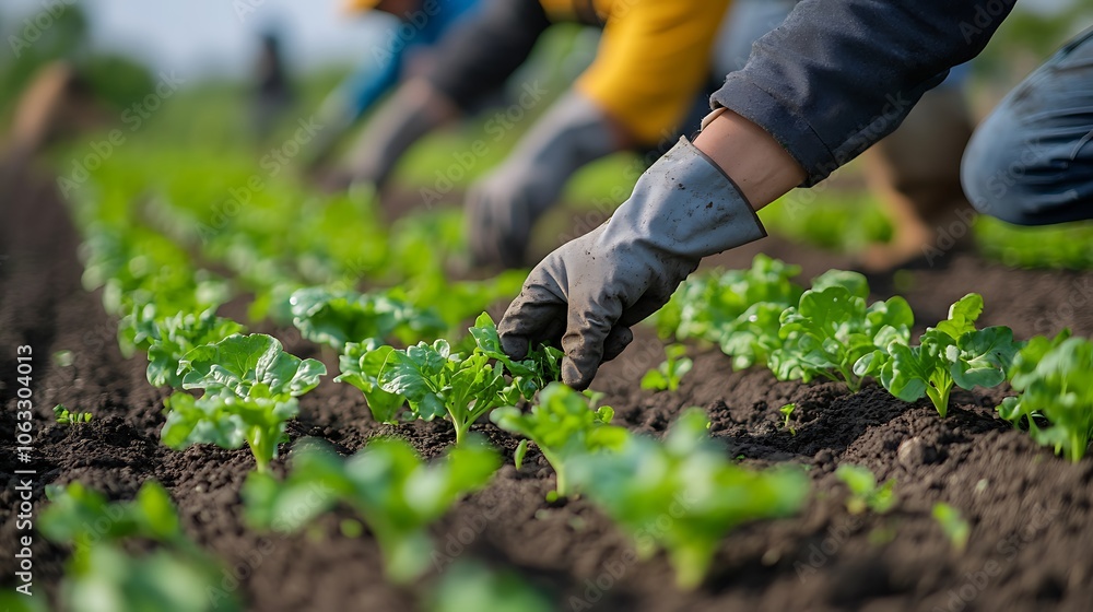 Farmland with farmers planting vegetables a group in the field Farmland with farmers planting vegetables a group in the field