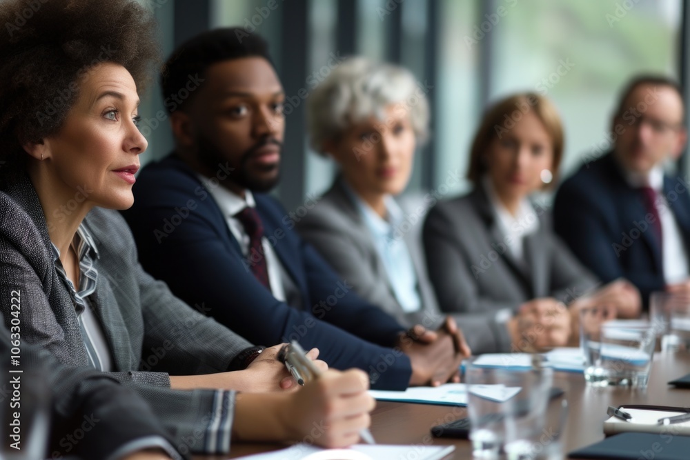 Group of people are sitting at a table in a business setting. The woman in the front is looking at the camera Group of people are sitting at a table in a business setting. The woman in the front is looking at the camera