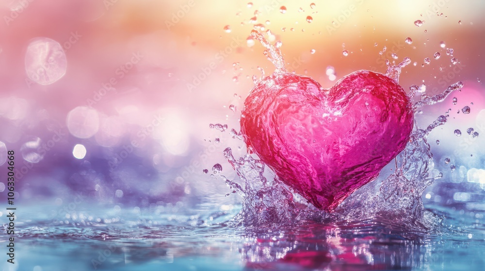 Fototapeta premium Vibrant Heart Illustration Emerging from Water Splashes, Symbolizing Life and Passion in Surreal Setting