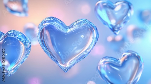 Valentines day 3d background with glass morphism heart render icons. Love banner with flying translucent blue glossy ice crystal shapes, romantic transparent gradient light symbols.