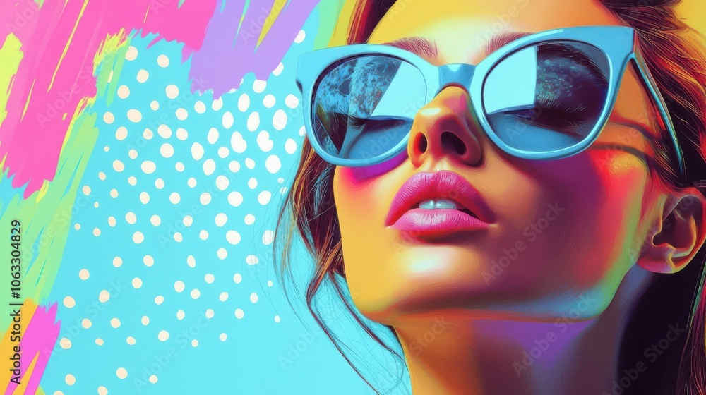 Vibrant Modern Pop Art Portrait of Stylish Woman with Light Blue Sunglasses on Colorful Background Retro Fashion