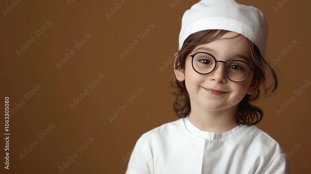 A young child wearing a chef's hat and glasses, smiling warmly at the camera. A young child wearing a chef's hat and glasses, smiling warmly at the camera.