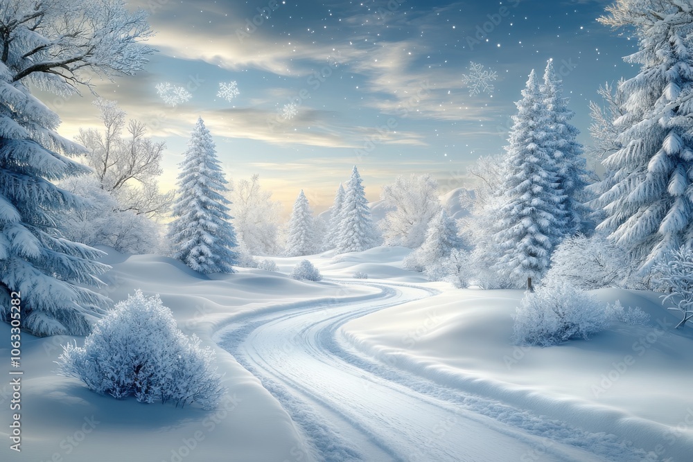 Naklejka premium Beautiful winter forest. Winding snow-covered road. All trees and fir trees stand in fluffy snow. Clear frosty day. Fairytale atmosphere. Generated by AI