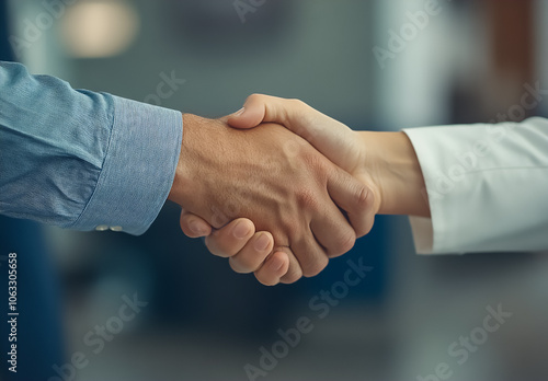 Hands in a confident handshake, with formal attire visible. A classic symbol of agreement, ideal for marketing professional services or illustrating teamwork.