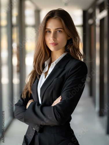 Businesswoman standing confidently with hands on hips.