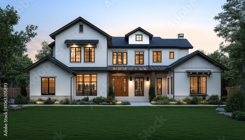 a modern two-story house with a gable roof, large windows, and wooden accents on the facade, near a green lawn and trees