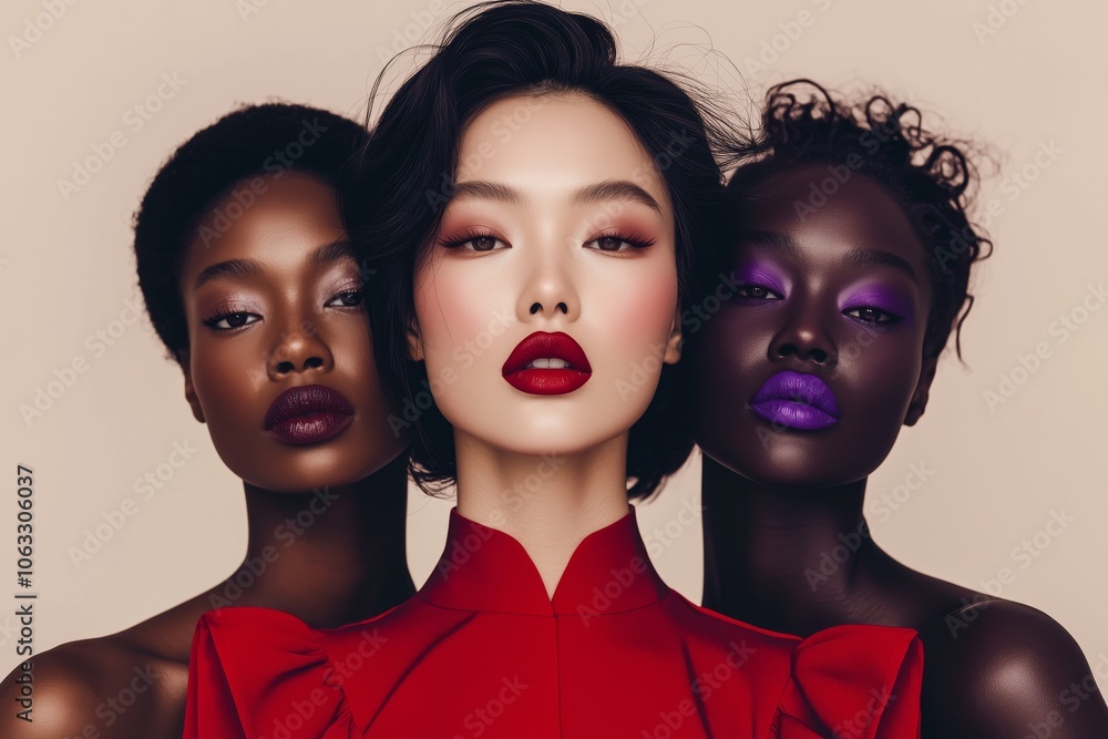 high-end beauty campaign group of models with different skin tones, showcasing vibrant lip colors and glowing highlighter for luxury cosmetics advertising high-end beauty campaign group of models with different skin tones, showcasing vibrant lip colors and glowing highlighter for luxury cosmetics advertising