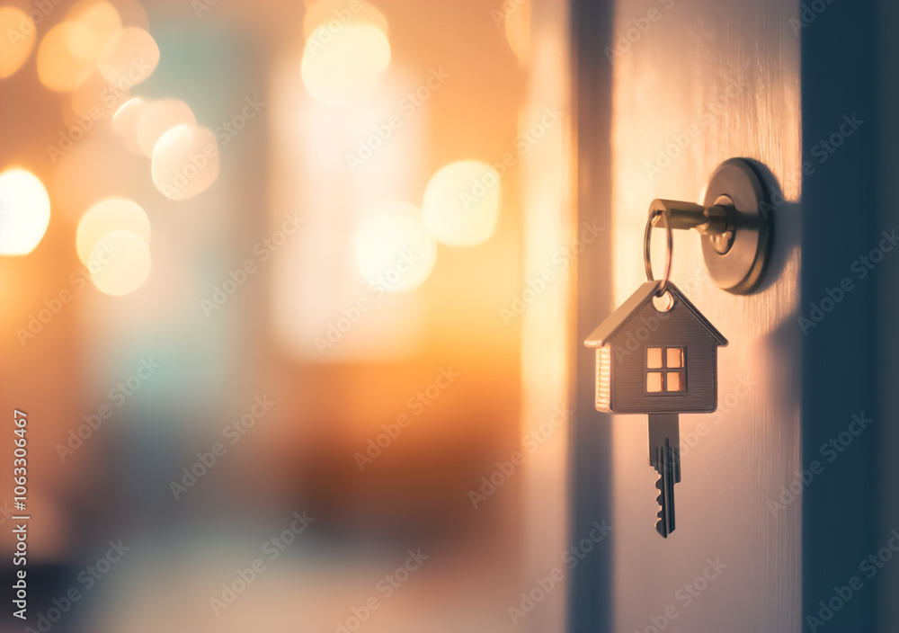 A key with a house-shaped charm inserted into a blue door's keyhole, representing security, home, and the start of something new. Perfect for content on real estate or moving. A key with a house-shaped charm inserted into a blue door's keyhole, representing security, home, and the start of something new. Perfect for content on real estate or moving.