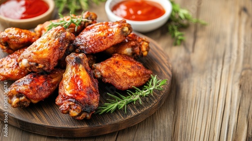 Grilled Chicken Wings with Rosemary on Wooden Board