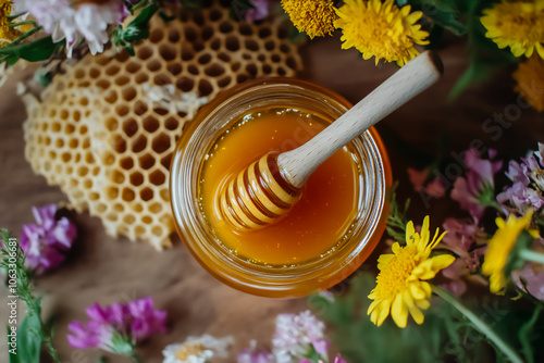 A warm and inviting image of a honey jar with a dipper, wildflowers, and honeycomb on a rustic wooden surface, ideal for healthy living and natural products themes. photo