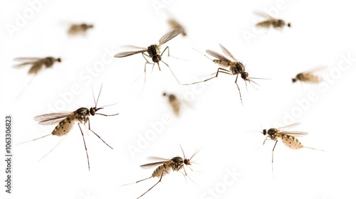 A Swarm of Mosquitoes in Flight Against a White Background