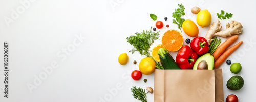 Fresh produce spills from a paper bag in a dynamic arrangement, showcasing a wholesome lifestyle. Use for healthy eating promotions or grocery ads.