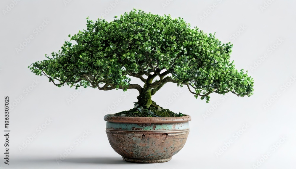 A miniature tree in a ceramic pot on a white background is a stylish object piece with an emphasis on natural forms. A miniature tree in a ceramic pot on a white background is a stylish object piece with an emphasis on natural forms.