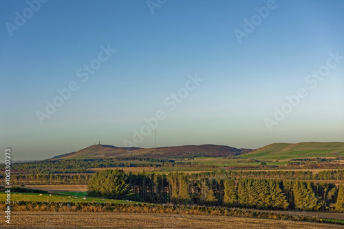 Gallows Hill with its Radio Masts above Dundee seen from Carrot hill near Forfar on a clear sunny morning in November. photo