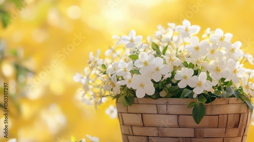 White flowers in wooden basket on yellow spring background