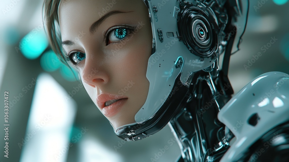 Fototapeta premium Cybernetic human with blue eyes and neutral expression, in metallic armor. Artificial intelligence concept. Digital background.