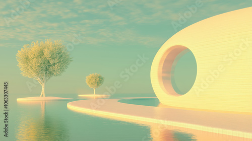 A 3D rendered cityscape where nature intertwines with technology, using color harmony to blend the natural greenery with futuristic architecture