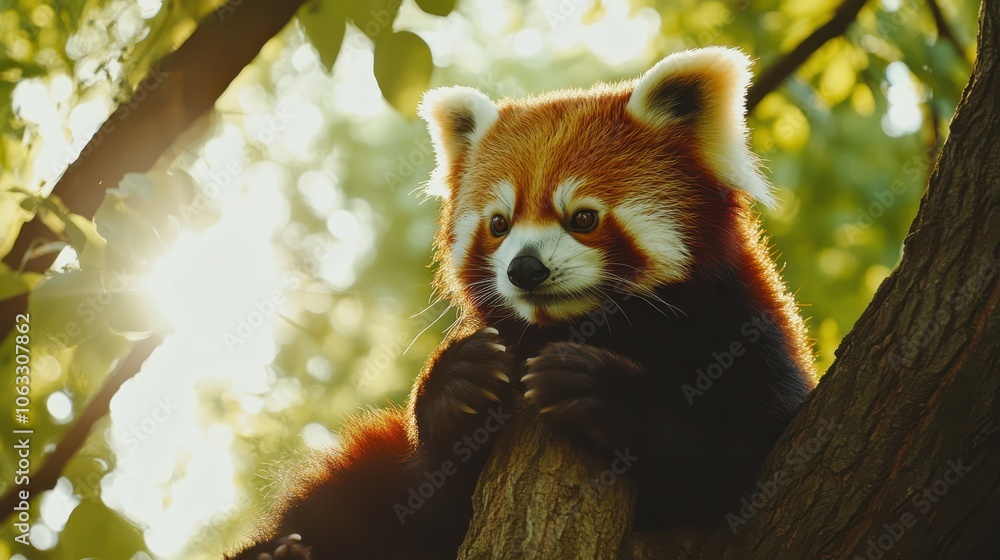 Wild red panda sitting on tree branch in the park at summer day Wild red panda sitting on tree branch in the park at summer day