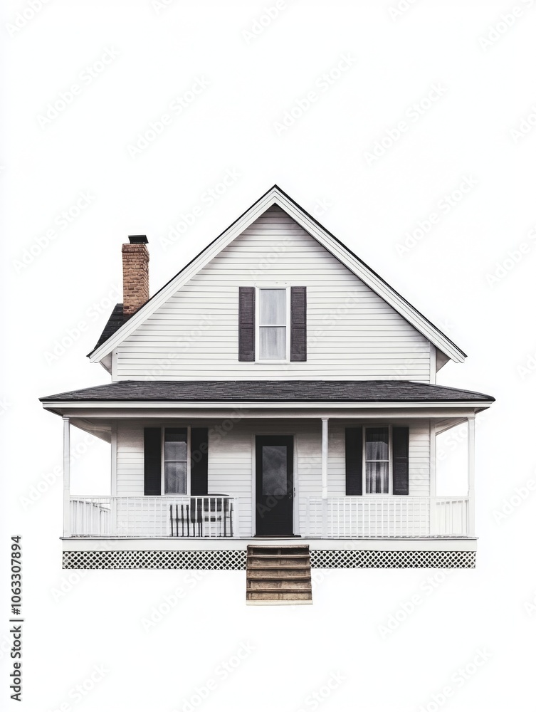 Two story American-style house with white siding, shingled roof and chimney, front porch with railing. Two story American-style house with white siding, shingled roof and chimney, front porch with railing.