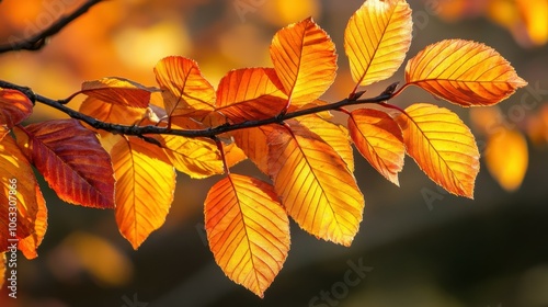 Autumn leaves glowing in warm sunlight on branch