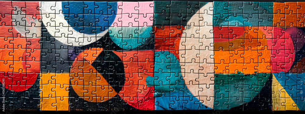 A vibrant jigsaw puzzle featuring a colorful abstract design with geometric shapes in various hues, creating a lively and playful atmosphere. A vibrant jigsaw puzzle featuring a colorful abstract design with geometric shapes in various hues, creating a lively and playful atmosphere.