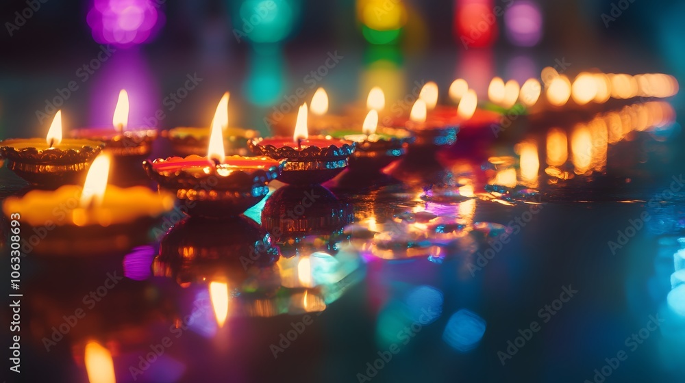 Burning Diya Lamps Reflecting in Water During Diwali Festival Burning Diya Lamps Reflecting in Water During Diwali Festival