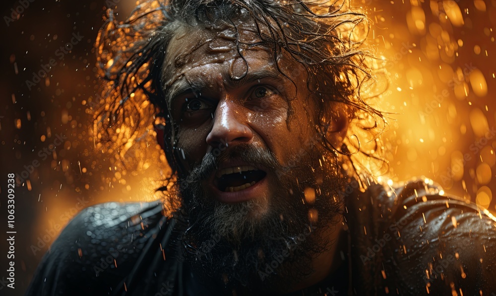 Man With Wet Hair and Beard Standing in Rain Man With Wet Hair and Beard Standing in Rain
