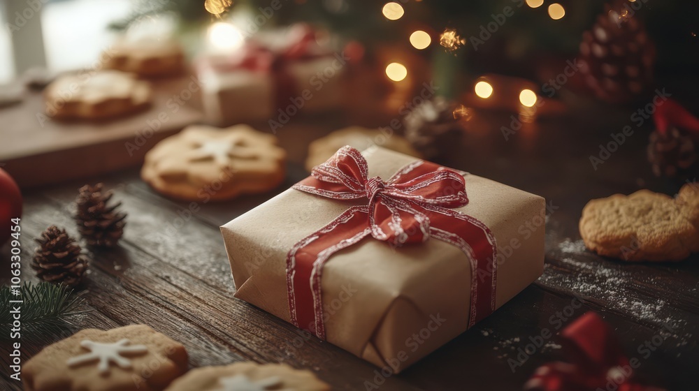 Wrapping homemade Christmas cookies in festive packaging with ribbons, tags, and bows, on a rustic kitchen counter. 4K hyperrealistic photo. Wrapping homemade Christmas cookies in festive packaging with ribbons, tags, and bows, on a rustic kitchen counter. 4K hyperrealistic photo.