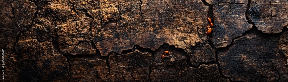 Close-up of Termites on a Cracked, Dark Bark Close-up of Termites on a Cracked, Dark Bark
