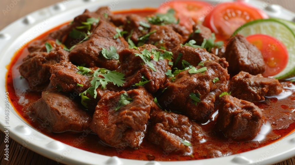 A plated meal of rich, flavorful chicken curry with garnishes. A plated meal of rich, flavorful chicken curry with garnishes.