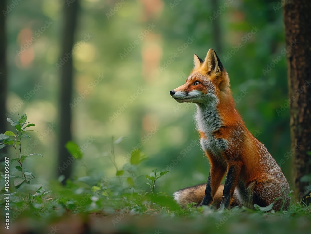 Fototapeta premium A fox is sitting on the grass in a forest, surrounded by trees and vegetation.