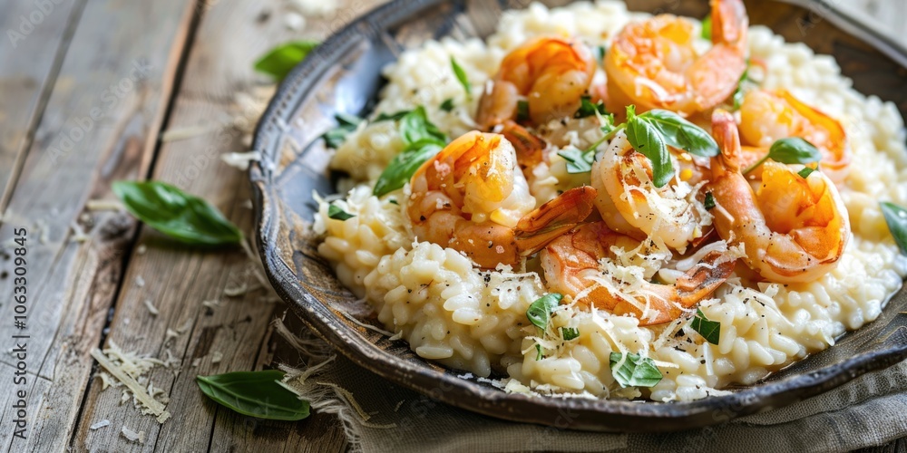An enticing dish of shrimp and rice, garnished with herbs, spices, and possibly a touch of seafood sauce, making it a delicious and nutritious meal. An enticing dish of shrimp and rice, garnished with herbs, spices, and possibly a touch of seafood sauce, making it a delicious and nutritious meal.