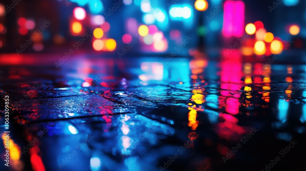Multi-colored neon lights on a dark city street, reflection of neon light in puddles and water. Abstract night background, blurred bokeh light. Night view colorful Multi-colored neon lights on a dark city street, reflection of neon light in puddles and water. Abstract night background, blurred bokeh light. Night view colorful