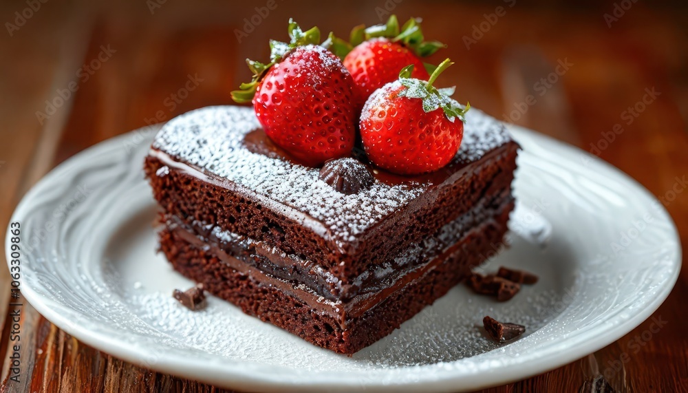 A slice of chocolate cake with strawberries and powdered sugar is a juicy cake on a white plate with a sprinkle of powdered sugar. A slice of chocolate cake with strawberries and powdered sugar is a juicy cake on a white plate with a sprinkle of powdered sugar.