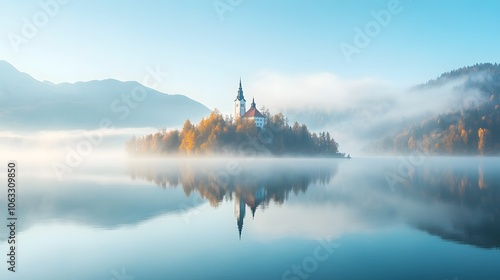 Church on an Island with Fog and Mountain Reflections in a Calm Lake photo