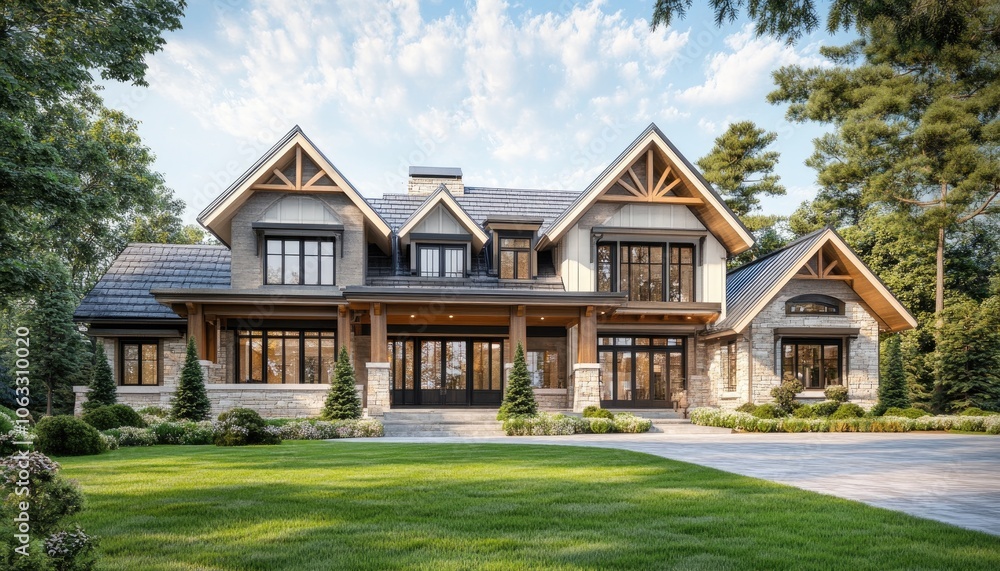 a modern two-story house with a gable roof, large windows, and wooden accents on the facade, near a green lawn and trees a modern two-story house with a gable roof, large windows, and wooden accents on the facade, near a green lawn and trees