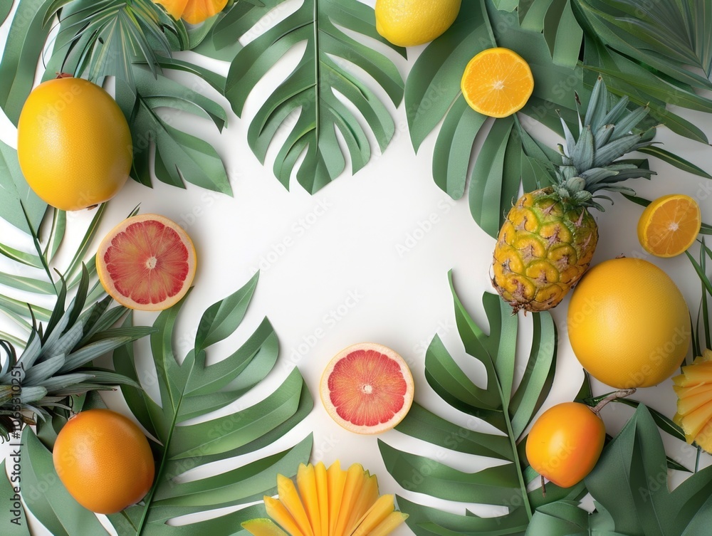 Vivid pattern featuring a variety of tropical fruits and palm leaves. Vivid pattern featuring a variety of tropical fruits and palm leaves.