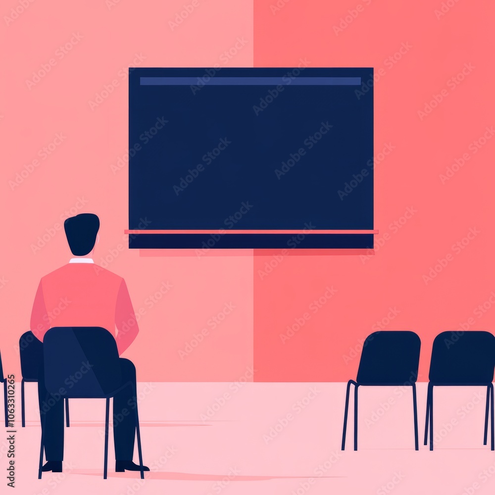 A minimalist scene of a person waiting in a room with empty chairs and a screen. A minimalist scene of a person waiting in a room with empty chairs and a screen.