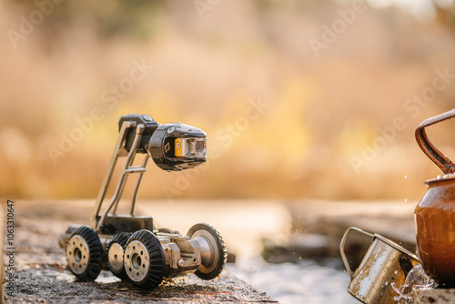 A wheeled inspection robot on a wet surface near metal objects, possibly exploring an outdoor area with natural sunlight and autumn tones in the background..